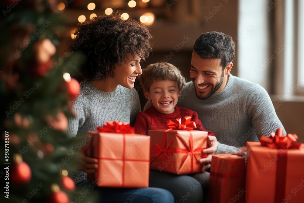 A joyful family celebrates Christmas, sharing laughter and gifts by the decorated tree, creating beautiful memories together. A joyful family celebrates Christmas, sharing laughter and gifts by the decorated tree, creating beautiful memories together.