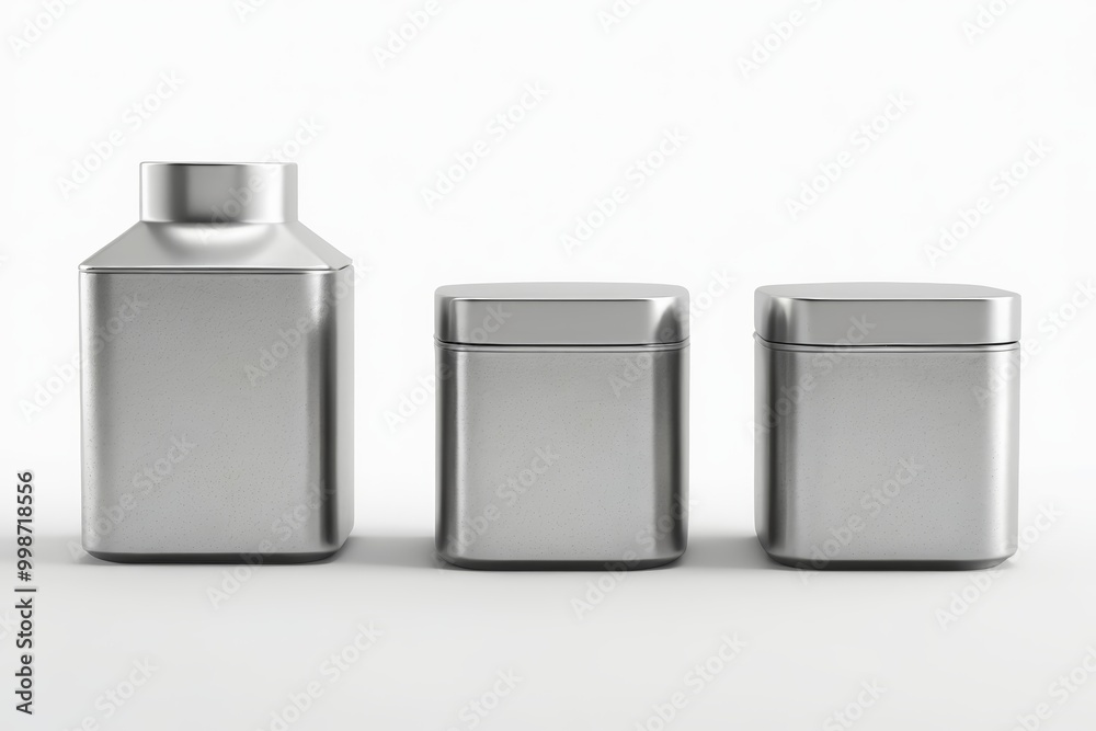 three metal containers with lids are lined up on a white surface three metal containers with lids are lined up on a white surface