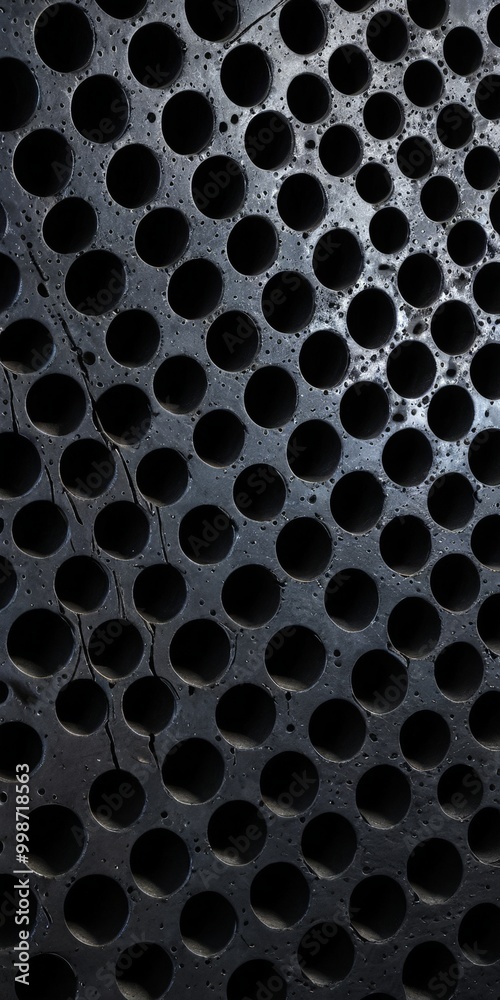 a close-up view textured surface with a grid-like pattern of circular holes, creating a visually striking and abstract design