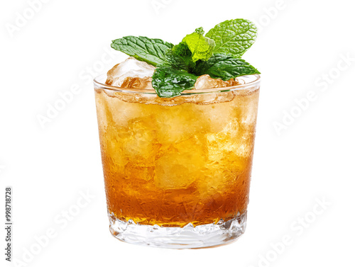 a glass with ice and a drink with mint leaves