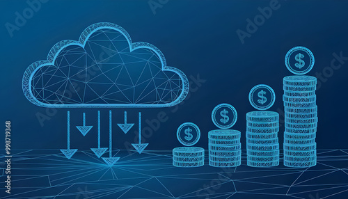 Abstract digital cloud with arrows up and down and dollar coins tower. Cloud mining or digital investment technology concept. Low poly wireframe vector illustration in futuristic hologram blue style.  photo