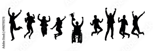 Disabled man in wheelchair holding trophy success celebration with group of people jumping together vector silhouette.