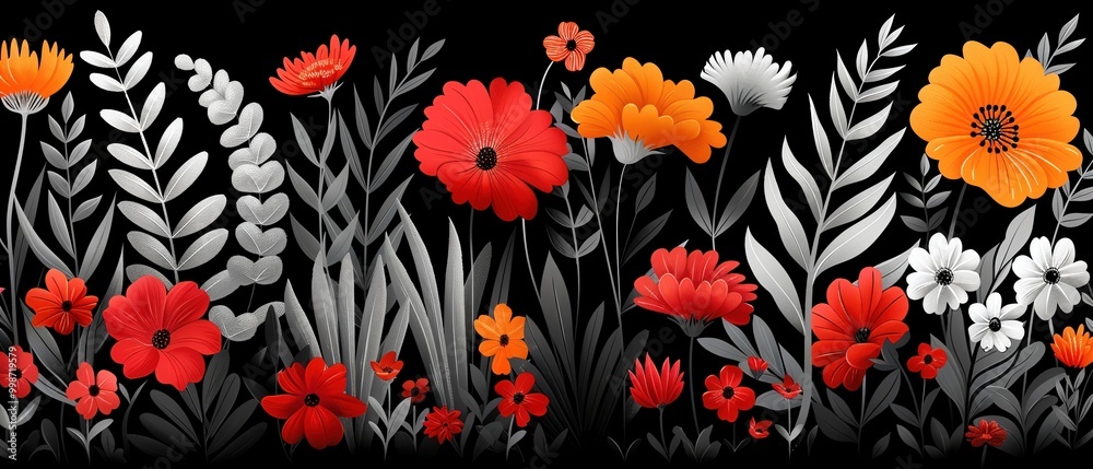 Vibrant floral design featuring a mix of red, orange, and white flowers against a bold black background. Vibrant floral design featuring a mix of red, orange, and white flowers against a bold black background.