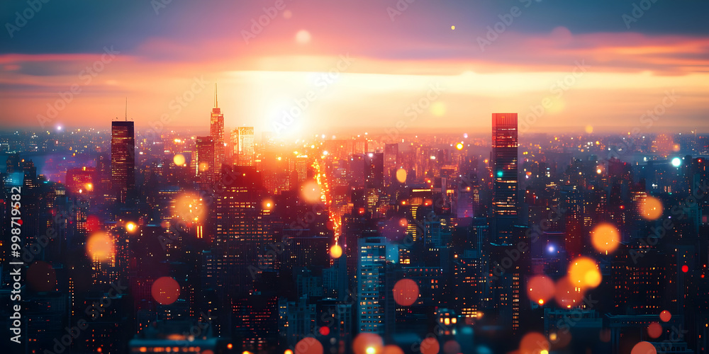 Cityscape at Sunset with Bokeh Lights and a Warm Glow, Illustrating a Vibrant Urban Scene