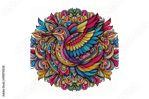 Colorful humming bird mandala design, white background