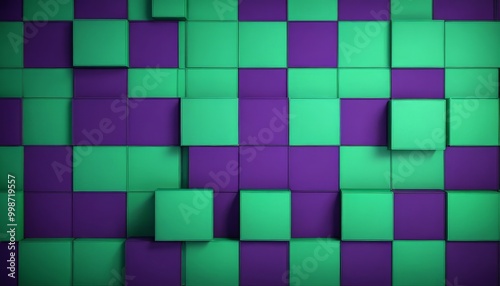 A grid of cubes in shades of green and purple, with the green cubes slightly overlapping the purple ones, creating a sense of depth and dimensionality