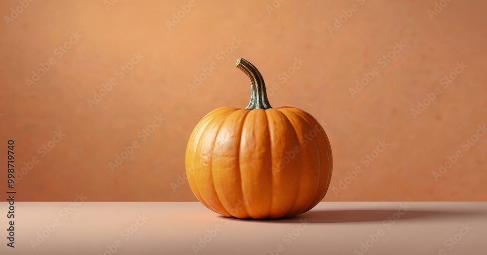 A single orange pumpkin with a green stem sits on a light brown surface against a warm orange background A single orange pumpkin with a green stem sits on a light brown surface against a warm orange background