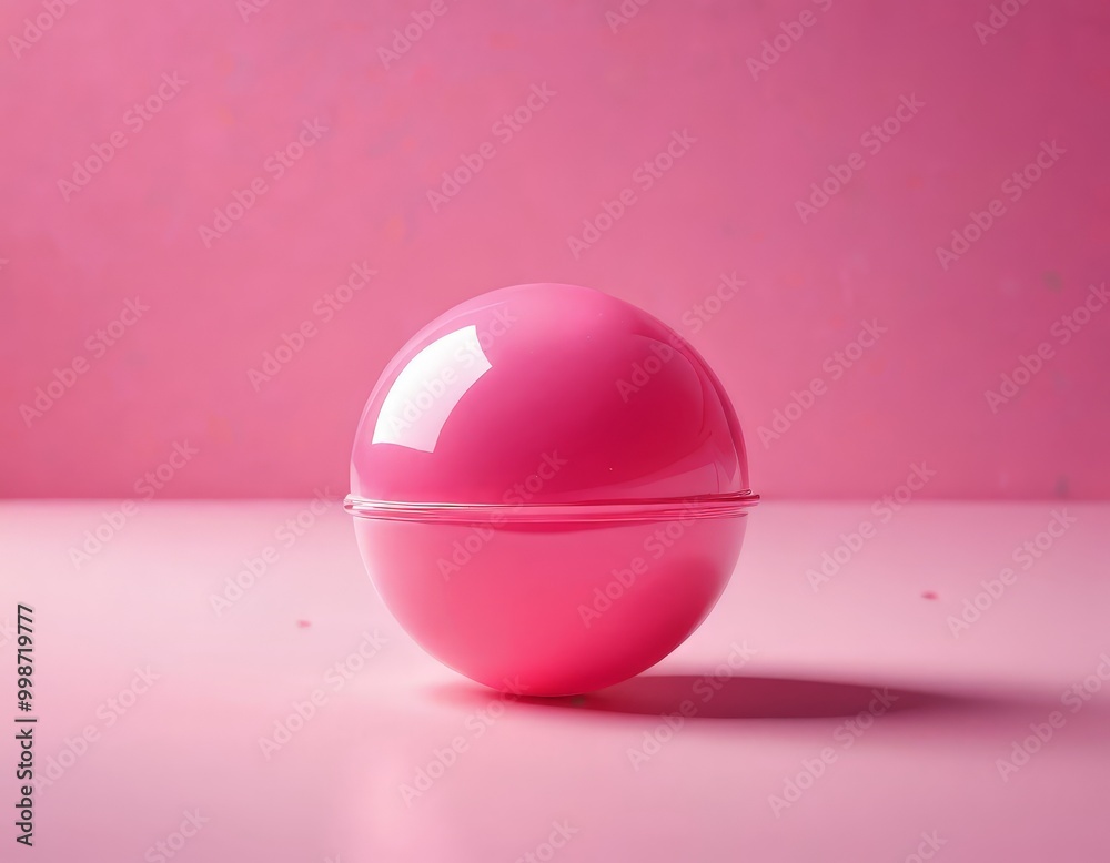 A shiny pink sphere rests on a pink surface, casting a shadow on the right side of the A shiny pink sphere rests on a pink surface, casting a shadow on the right side of the