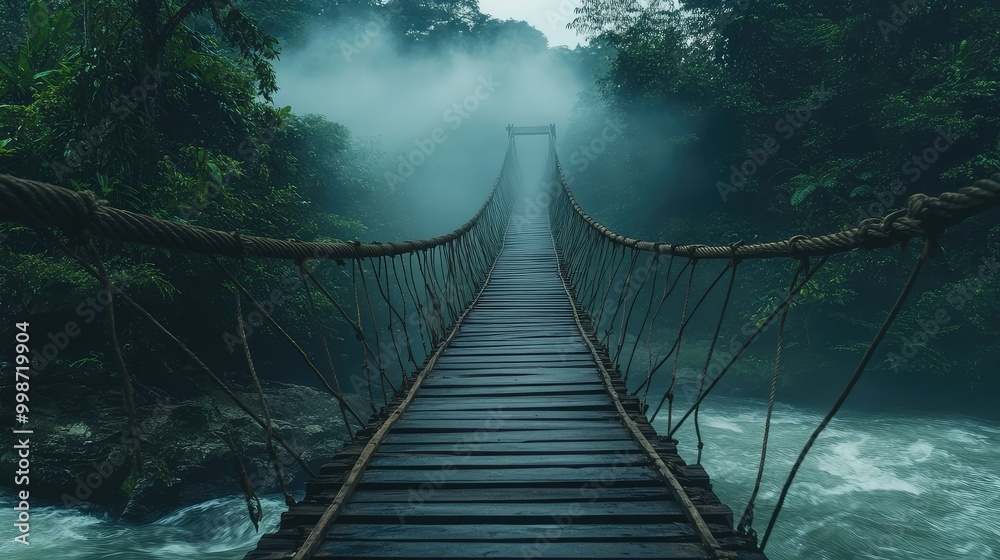 Obraz premium A wooden rope bridge, suspended over a fast-moving river in a tropical rainforest, with mist rising from the water