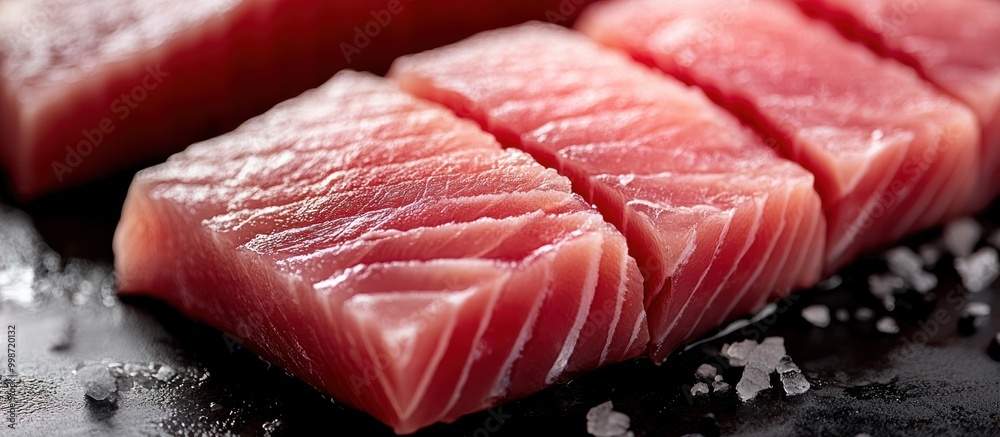 Fresh raw fish fillets on a black surface with sea salt. Fresh raw fish fillets on a black surface with sea salt.