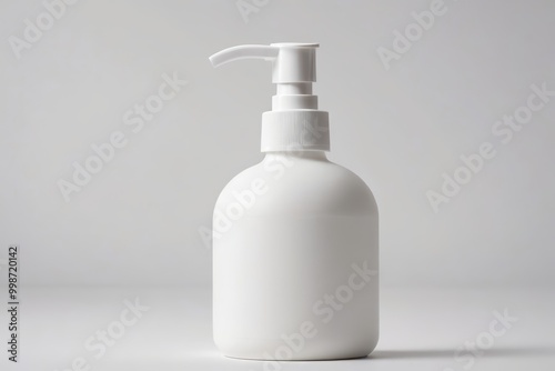 a close up of a white bottle with a pump on a white surface