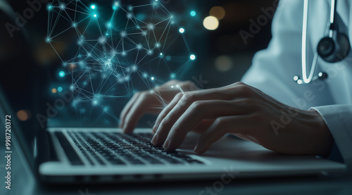 A close-up of hands typing on a laptop, framed by glowing digital network connections and AI symbols. The setting hints at a medical environment, with a white coat in view