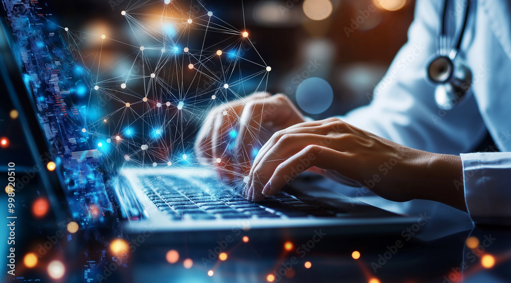 custom made wallpaper toronto digitalClose-up of hands typing on a laptop, with a background of glowing digital network connections and AI icons. The setting appears to be a medical environment, with a white coat visible. 