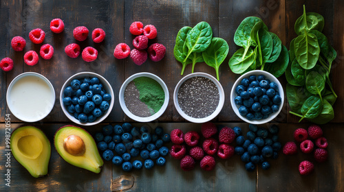 Ingredients for a smoothie blueberries, raspberries, spinach, chia seeds, and almond milk arranged in a vibrant rainbow pattern on a rustic wooden table. The bright colors of each ingredient 