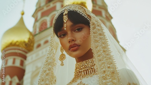 Elegant portrait of woman in traditional attire with kokoshnik for cultural celebrations photo