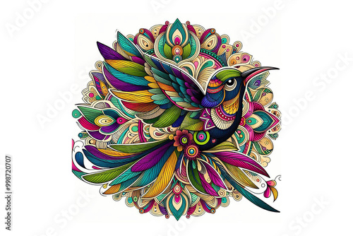 Colorful humming bird mandala design, white background