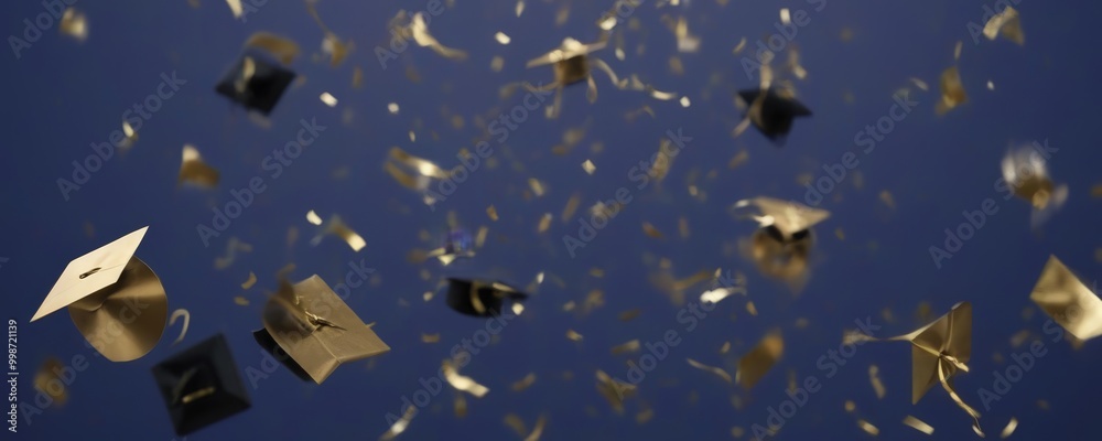 Fototapeta premium Golden confetti and golden graduation caps float against a deep blue backdrop, creating a celebratory atmosphere