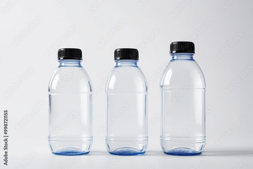three empty plastic bottles with black caps sit on a white surface three empty plastic bottles with black caps sit on a white surface