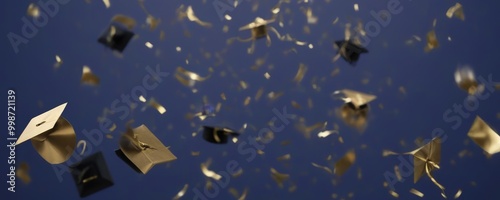 Golden confetti and golden graduation caps float against a deep blue backdrop, creating a celebratory atmosphere photo