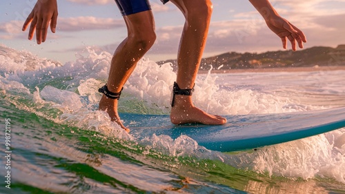 A dynamic close-up shot of a person surfing on a green board, riding a wave with precision. The warm sunset glow adds contrast to the cool ocean waters, capturing the thrill and beauty of the sport. photo