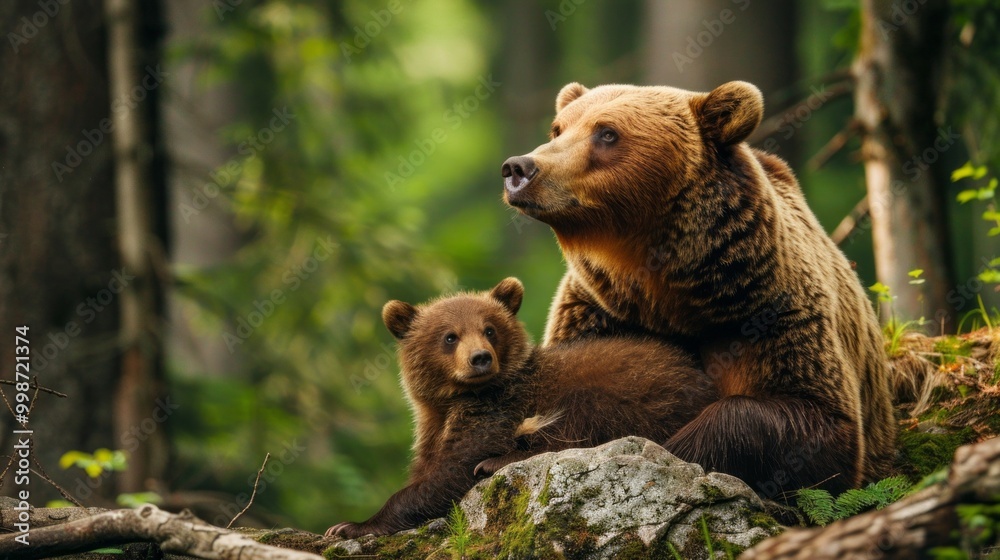 Obraz premium A mother bear and her cub are sitting on a rock in a forest