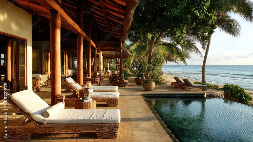 An elegant beachfront villa, featuring a chic patio lounge with expansive ocean views, where luxury meets relaxation An elegant beachfront villa, featuring a chic patio lounge with expansive ocean views, where luxury meets relaxation