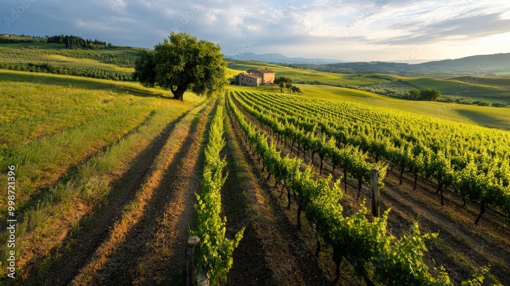 Idyllic tuscan vineyard in summer: rolling hills and sunlit fields for posters or prints Idyllic tuscan vineyard in summer: rolling hills and sunlit fields for posters or prints