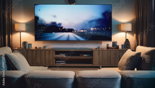 Empty comfortable couch in front of a big plasma tv in the room, ready for movie watching. 