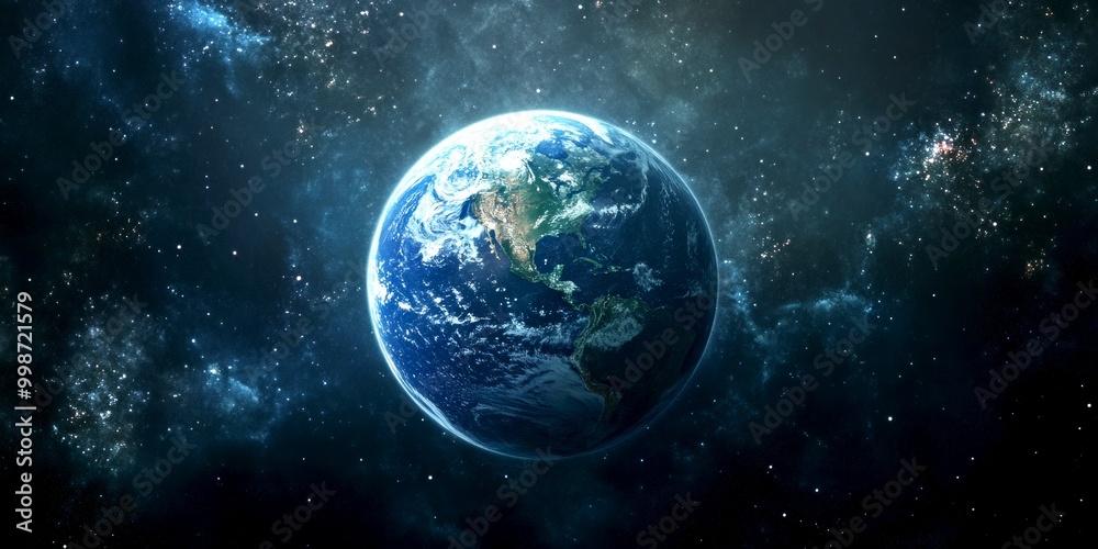 Obraz premium A stunning view of Earth floating in the universe. Bright blue oceans and green lands are visible. The image captures the beauty of our planet in the vastness of space. 