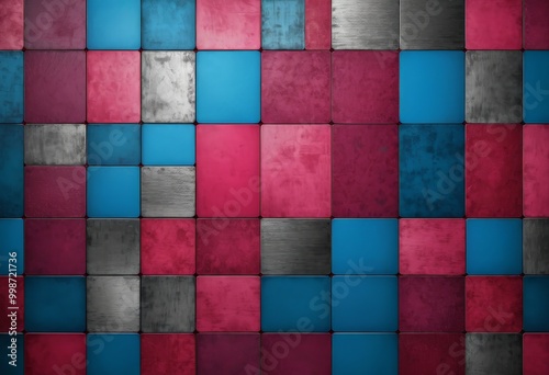 a grid of square tiles in various shades of pink, blue, and gray, arranged in a visually appealing pattern