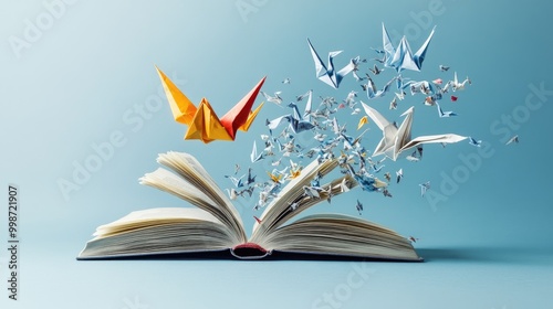 A book with its pages open, with origami birds flying out of it.