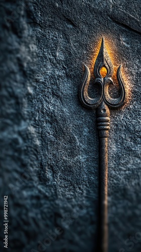 Closeup of intricate carvings of Shiva s trident on an ancient temple wall, glowing light enhancing details, Shiva trident carving, temple, ancient deity photo