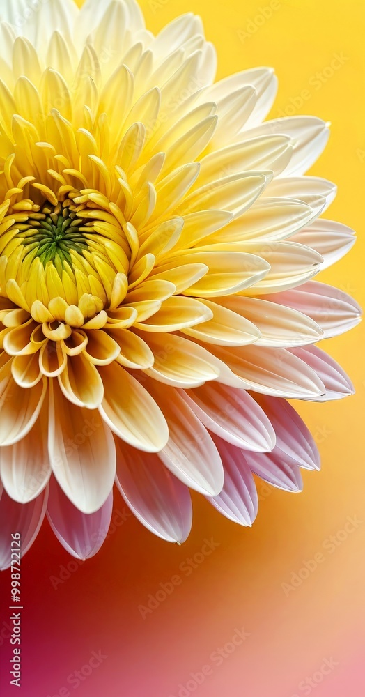 A close-up of a vibrant yellow and white dahlia flower, with a gradient background transitioning from yellow to pink. A close-up of a vibrant yellow and white dahlia flower, with a gradient background transitioning from yellow to pink.