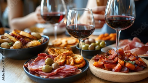 Spanish tapas spread with wine at a cozy local bar for culinary delight