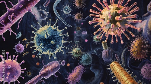 Vibrant Microscopic View of Bacteria and Viruses