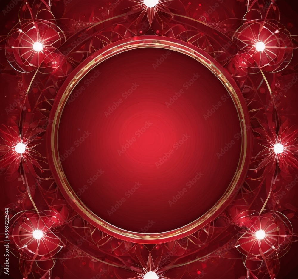 a red circular frame with a gold border, surrounded by a pattern of red and white flowers and stars a red circular frame with a gold border, surrounded by a pattern of red and white flowers and stars