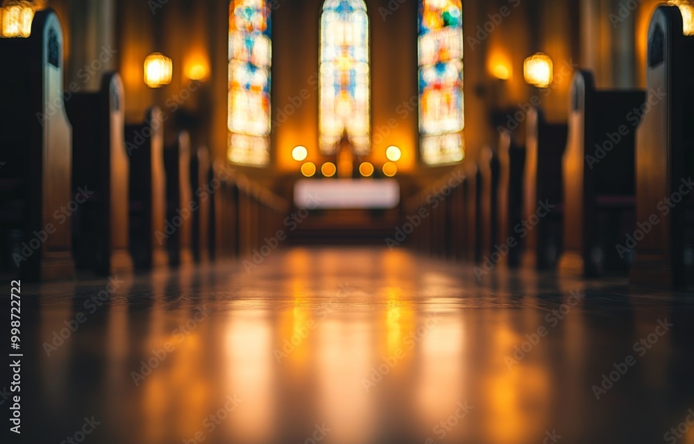 A dreamy, blurred background of an empty church interior, focusing on the altar and stained glass windows A dreamy, blurred background of an empty church interior, focusing on the altar and stained glass windows