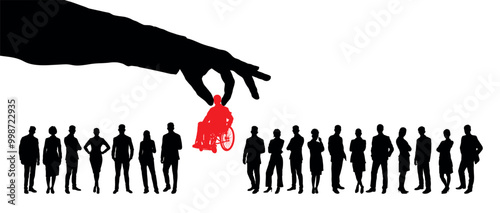 Business employee selection and screening metaphor vector silhouette. Giant hand picked up handicapped disabled man in wheelchair from group of people standing in row silhouette.