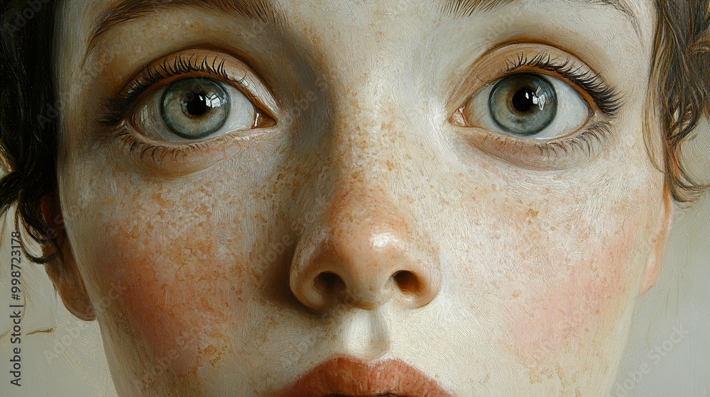 Close-Up Portrait of a Woman with Freckles and Intriguing Eyes Close-Up Portrait of a Woman with Freckles and Intriguing Eyes