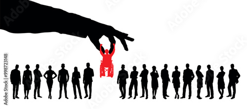 Giant hand picked up handicapped man in wheelchair from group of people crowd silhouette. Business employee job selection metaphor vector silhouettes. 