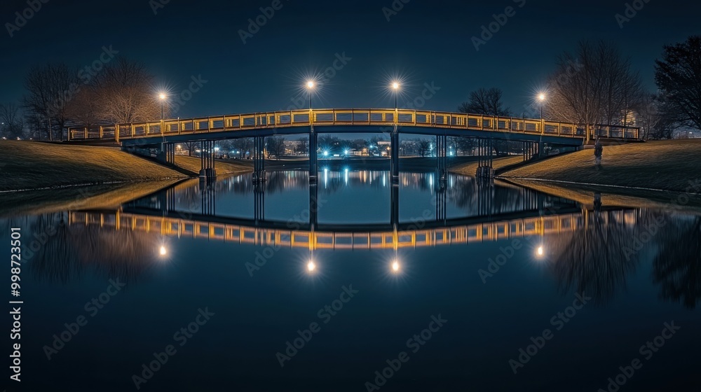 beautifully lit bridge reflecting in calm water below. beautifully lit bridge reflecting in calm water below.