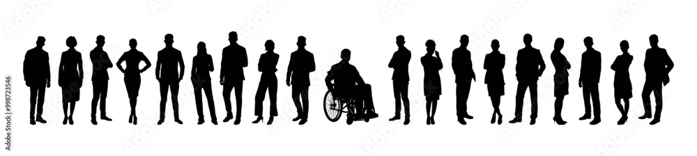 Group of business people crowd standing in row with disabled businessman sitting in wheelchair silhouette. Diversity group people standing together with confident silhouette.