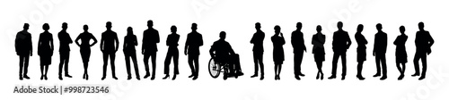 Group of business people crowd standing in row with disabled businessman sitting in wheelchair silhouette. Diversity group people standing together with confident silhouette.