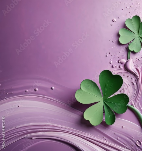 a vibrant purple background with two green clover-shaped leaves and water droplets scattered throughout, creating a whimsical and nature-inspired composition photo