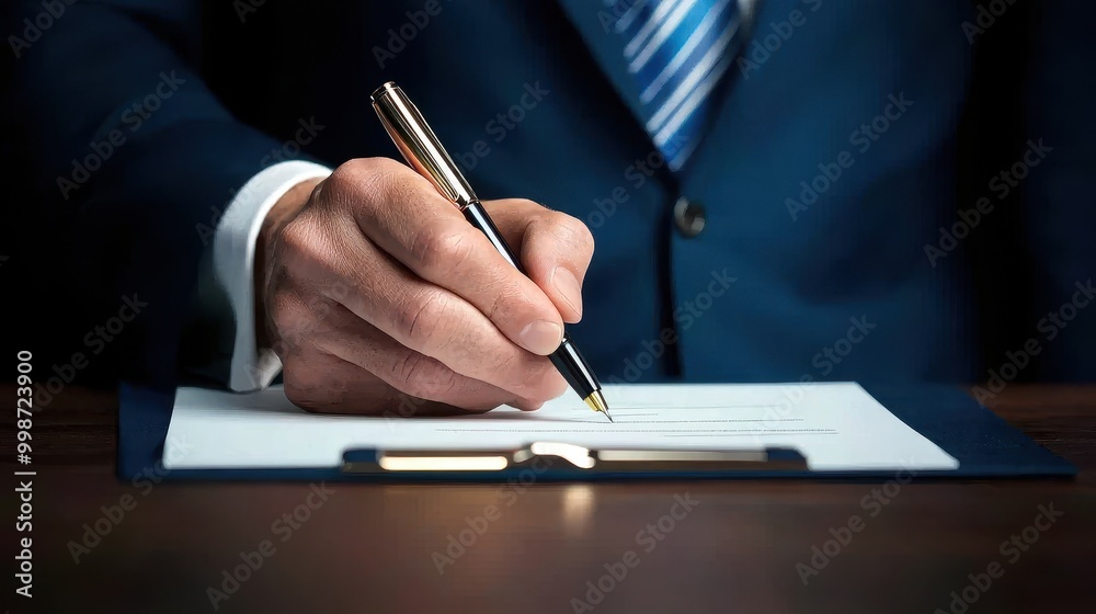Close-up of a businessman writing with a pen on paper, showcasing professionalism and attention to detail. Close-up of a businessman writing with a pen on paper, showcasing professionalism and attention to detail.