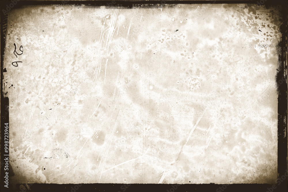 Vintage photo film frame of a middle format camera with sepia photo lens vignette with strong dust and splatters and wet plate technique on transparent background (png image).