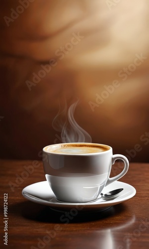 A steaming cup of coffee sits on a wooden table, its rich, dark liquid contrasting with the warm tones of the background