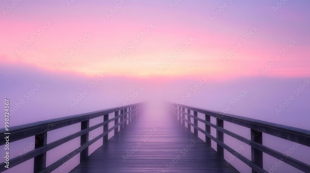 Obraz premium long bridge disappearing into the morning mist at sunrise