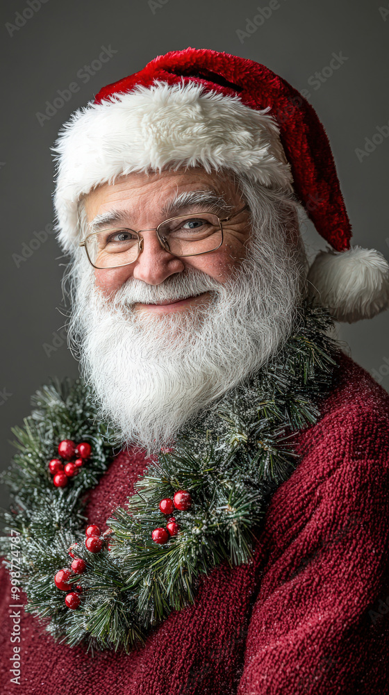 Cheerful Santa Claus wearing festive red hat and holiday themed wreath, exuding warmth and joy during Christmas season Cheerful Santa Claus wearing festive red hat and holiday themed wreath, exuding warmth and joy during Christmas season