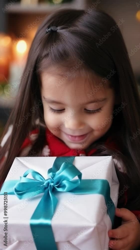 Happy girl with a Christmas gift.Smiling girl holding a Christmas gift with a blue ribbon, expressing happiness during the holiday season